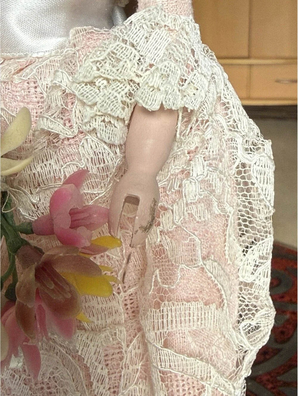 vtg porcelain doll Holding Flowers With Stand